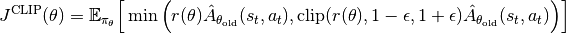 J^{\mathrm{CLIP}}(\theta) = \mathbb{E}_{\pi_\theta}\Big[ \min\Big( r(\theta)\hat{A}_{\theta_\mathrm{old}}(s_t, a_t), \mathrm{clip}(r(\theta), 1-\epsilon, 1+\epsilon)\hat{A}_{\theta_\mathrm{old}}(s_t, a_t) \Big) \Big]