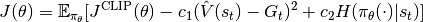 J(\theta) = \mathbb{E}_{\pi_\theta}[J^{\mathrm{CLIP}}(\theta) - c_1(\hat{V}(s_t) - G_t)^2 + c_2 H(\pi_\theta(\cdot)|s_t)]