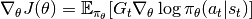 \nabla_\theta J(\theta) = \mathbb{E}_{\pi_\theta} [G_t\nabla_\theta\log\pi_\theta(a_t|s_t)]